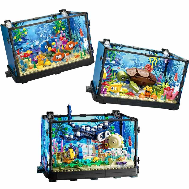 Aquarium Marine Fishes - Aquarium-Baustein-Set mit Licht, Meeresschildkröte, Baustein-Spielzeug für