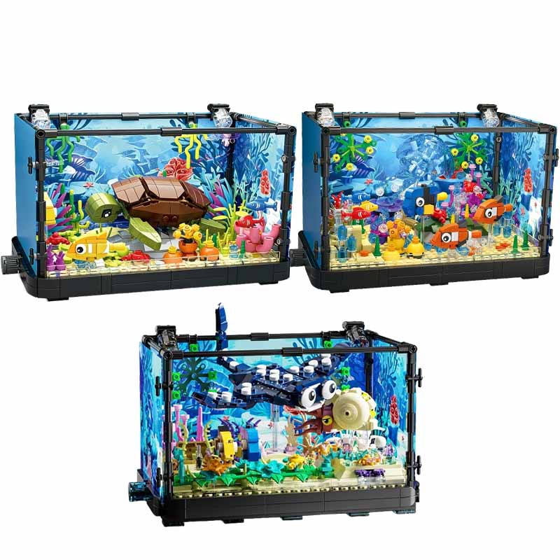 Aquarium Marine Fishes - Aquarium-Baustein-Set mit Licht, Aquarium, Meeresschildkröte, Baustein-Spielzeug